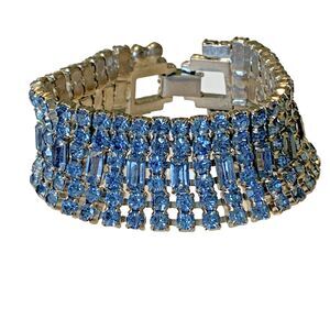 Vintage Blue Rhinestone Wide Bracelet Multi Row Silver Tone Statement 7" Glam